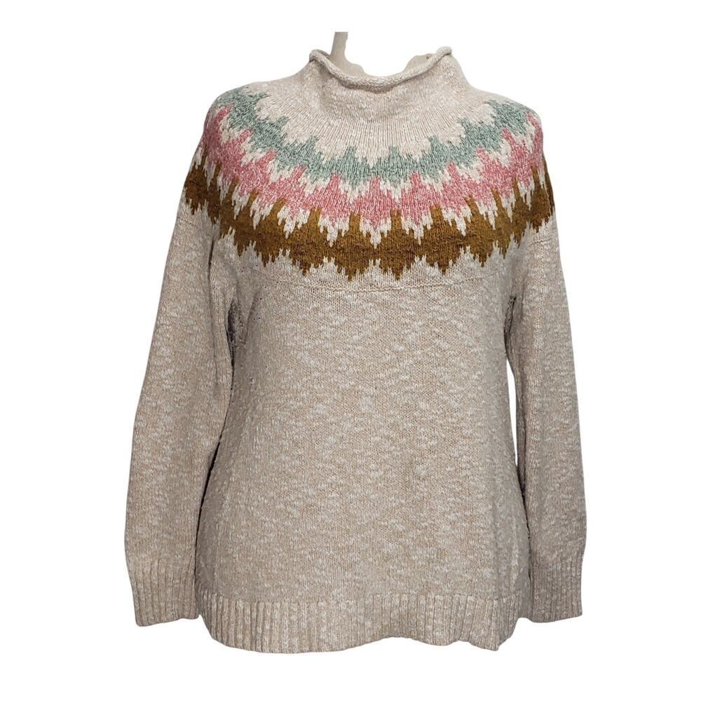L.L. Bean Fair Isle Knit Sweater Womens XL Cream Cotton Cottagecore Roll Neck